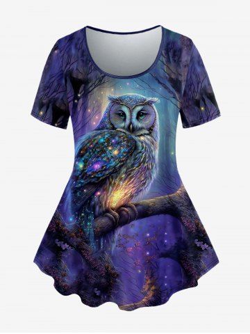 Plus Size Owl Tree Galaxy Print Short Sleeves T-shirt - DEEP BLUE - S