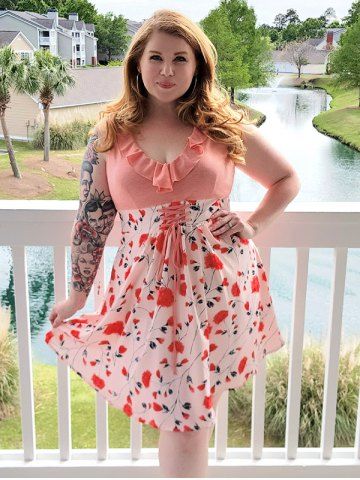Plus Size Lace Up Ruffled Floral Print Sleeveless Dress - LIGHT PINK - 1X | US 14-16