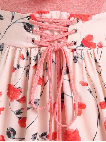 Plus Size Lace Up Ruffled Floral Print Sleeveless Dress