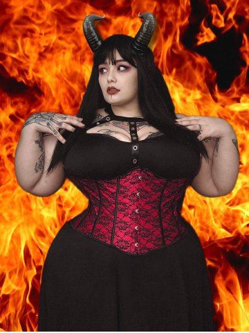 Gothic Lace Overlay Lace-up Boning Underbust Corset - DEEP RED - 5XL