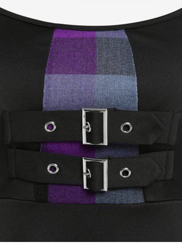 Plus Size Plaid Suspender Buckle Grommet Ruched A Line Patchwork Dress