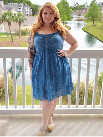 Plus Size Embroidered Lace Panel Open Back A Line Dress - BLUE - 4X | US 26-28