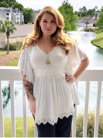Plus Size Lace Panel Butterfly Sleeve Blouse - WHITE - L | US 12