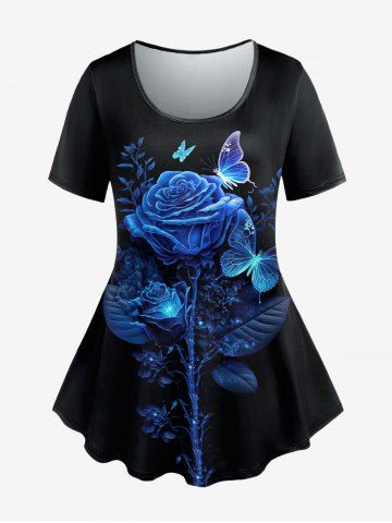 T-shirt Imprimé à Fleurs Papillon à Manches Courtes Grande Taille - BLACK - 3X