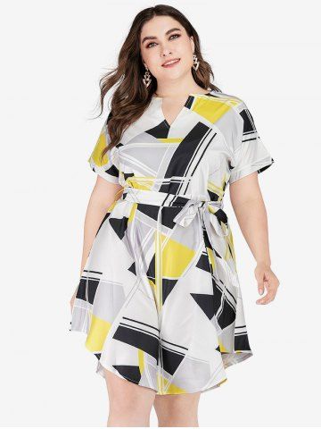 Plus Size Asymmetrical Geometry Printed Tie Shirt Dress - YELLOW - XL