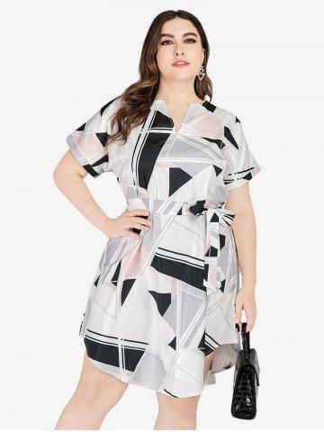 Plus Size Asymmetrical Geometry Printed Tie Shirt Dress - LIGHT PINK - XL