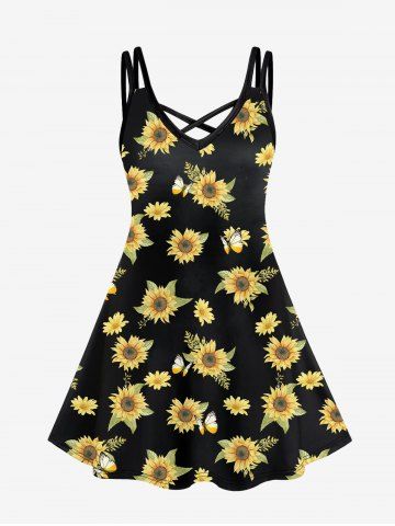 Plus Size Sunflower Print Crisscross Cami Dress