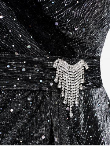 Plus Size Sparkling Sequin Mesh Lace Trim Faux Crystal Buckle Surplice T-shirt