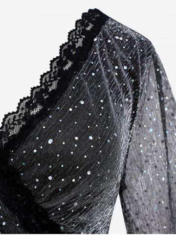 Plus Size Sparkling Sequin Mesh Lace Trim Faux Crystal Buckle Surplice T-shirt