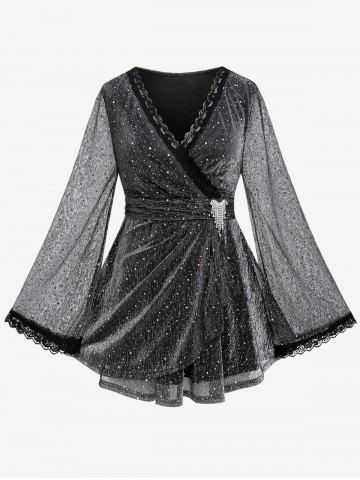 Plus Size Sparkling Sequin Mesh Lace Trim Faux Crystal Buckle Surplice T-shirt - BLACK - 1X | US 14-16