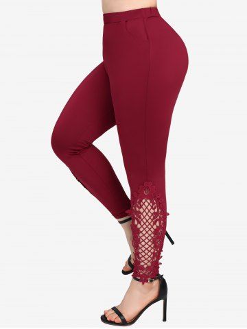 Plus Size Pockets Lace Trim Braided Leggings - DEEP RED - L | US 12