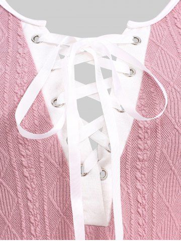 Plus Size Lace Up Colorblock Print T-shirt