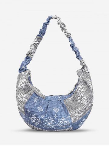 Women's Retro Daily 3D Denim Patchwork Floral Print Ruched Half Moon Shoulder Bag - PASTEL BLUE