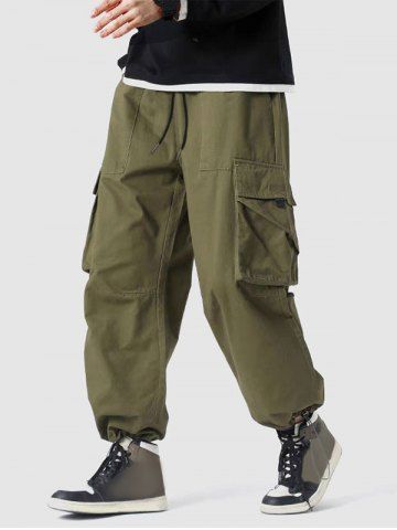 Men's Solid Color Multi-pockets Ankle Banded Design Drawstring Cargo Pants - DEEP GREEN - XL