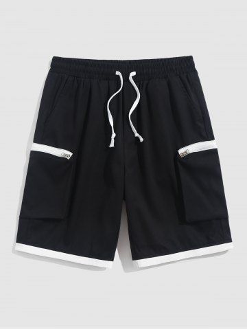 Men's Streetwear Zip Pockets Design Color Spliced Knee-length Drawstring Cargo Shorts - BLACK - L