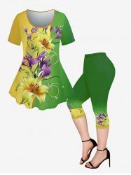 Colorblock Flower Printed T-shirt and Pockets Capri Leggings Plus Size Matching Set -  