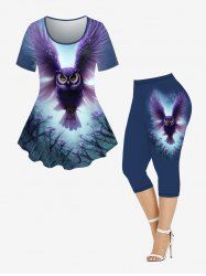 Owl Tree Flower Print T-shirt and Capri Leggings Plus Size Outfits -  