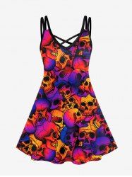 Gothic Skulls Print Crisscross Cami Dress -  