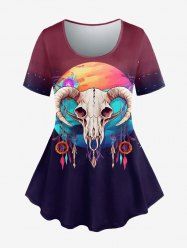 Gothic Sheep Head Feather Colorblock Print T-shirt -  