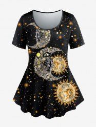 Plus Size Galaxy Glitter Moon Sun Print T-shirt -  