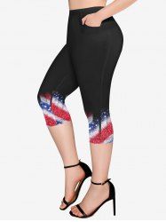 Plus Size Patriotic American Flag Print Pockets Capri Leggings -  