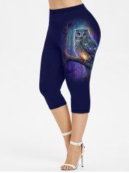 Legging Capri Galaxie Arbre Hibou Imprimés de Grande Taille à Paillettes - Bleu profond 3X