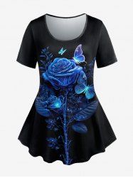 Plus Size Butterfly Flower Print Short Sleeves T-shirt -  