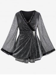 Plus Size Sparkling Sequin Mesh Lace Trim Faux Crystal Buckle Surplice T-shirt -  