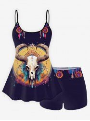 Gothic Sheep Head Feather Print Boyleg Tankini Swimsuit (Adjustable Shoulder Strap) -  