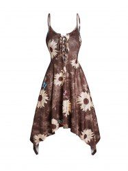 Robe Mi-Longue à Bretelle Fine à Imprimé Tournesol et Papillon à Taille Haute à Lacets à Ourlet Asymétrique - café S