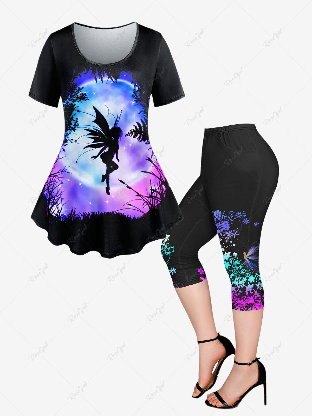 Latest Gothic Galaxy Butterfly Angel Glitter Printed T-shirt and Pockets Capri Leggings Outfit  