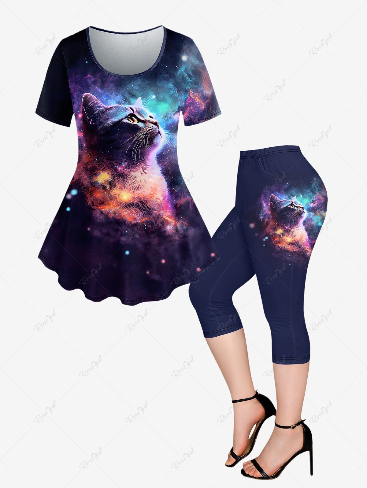 Outfits Plus Size Galaxy Cat Glitter Printed T-shirt and Pockets Capri Leggings Outfit  