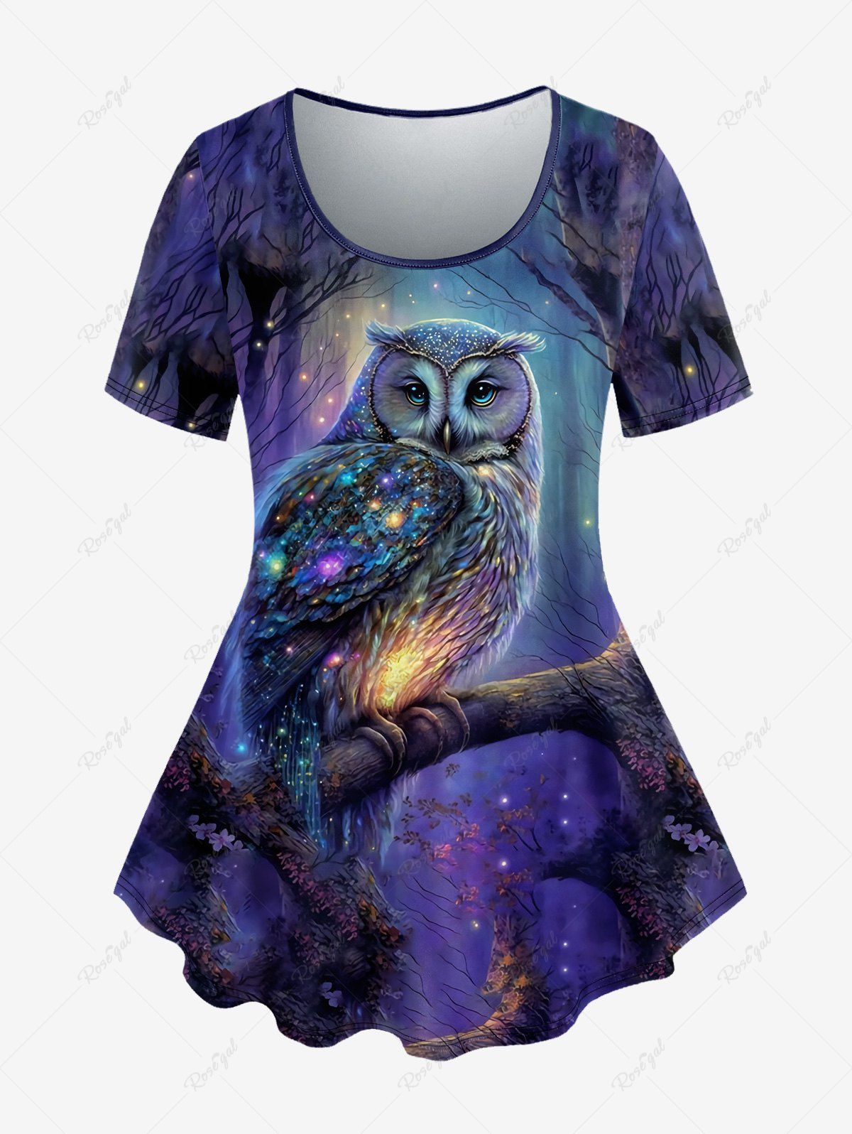 Sale Plus Size Owl Tree Galaxy Print Short Sleeves T-shirt  