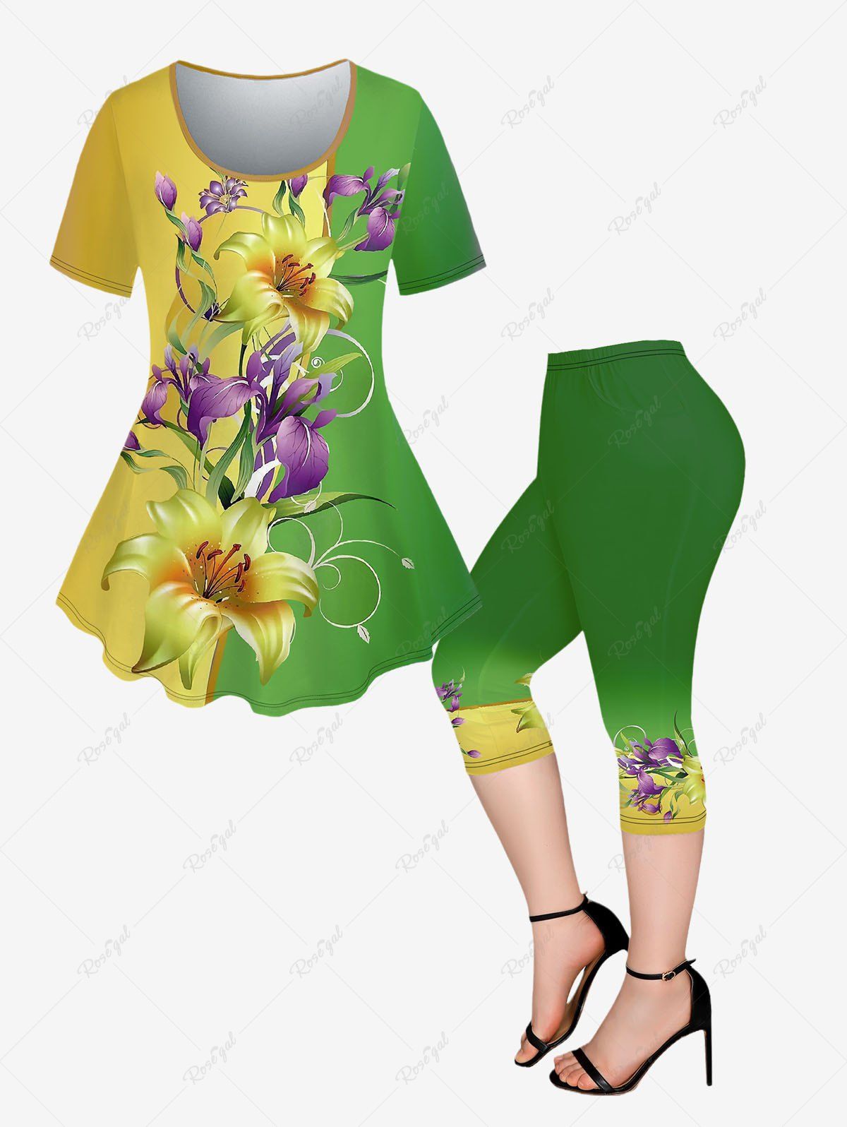 Ensemble de T-shirt Fleur Imprimée en Blocs de Couleurs avec Poche de Grande Taille et de Legging Capri Assortis Vert 