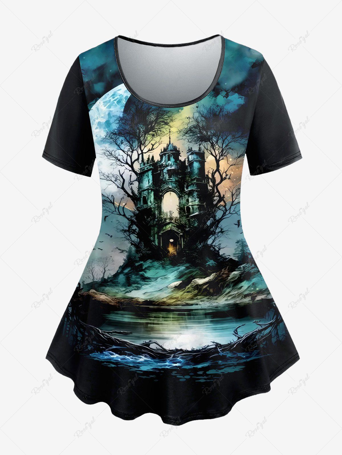 Trendy Plus Size Moon Tree Castle Print T-shirt  