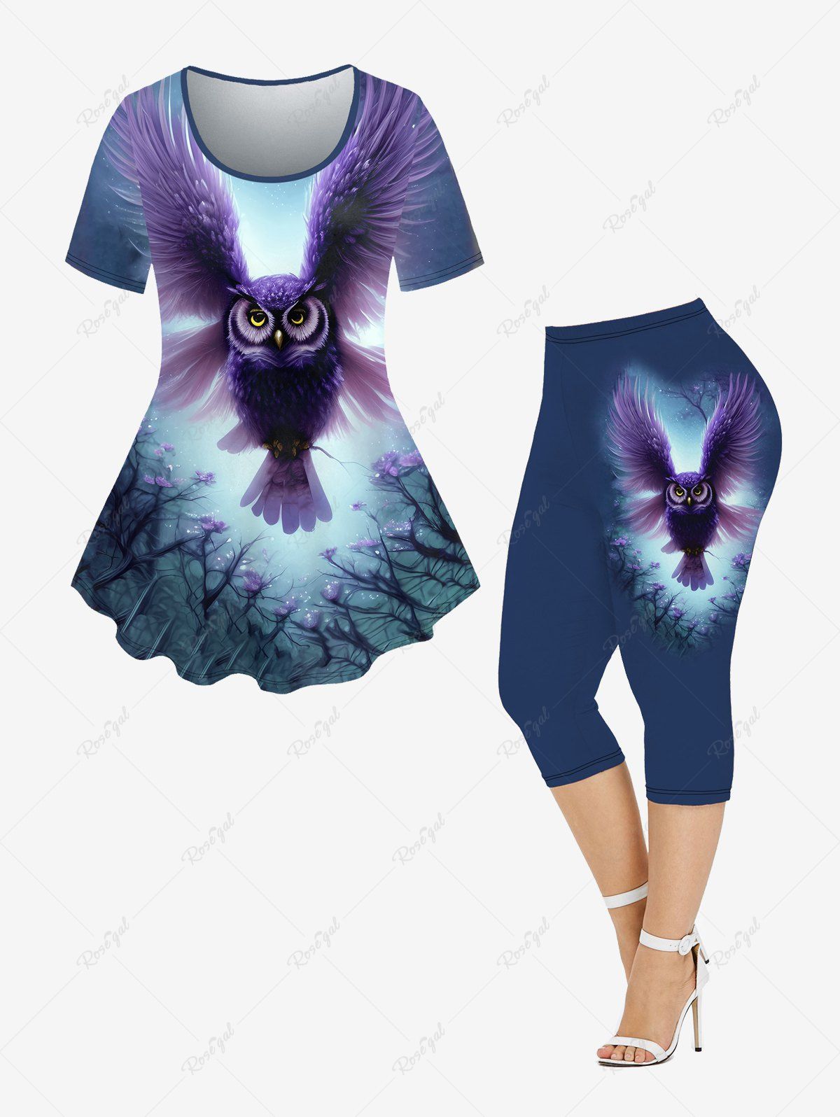 Latest Owl Tree Flower Print T-shirt and Capri Leggings Plus Size Outfits  