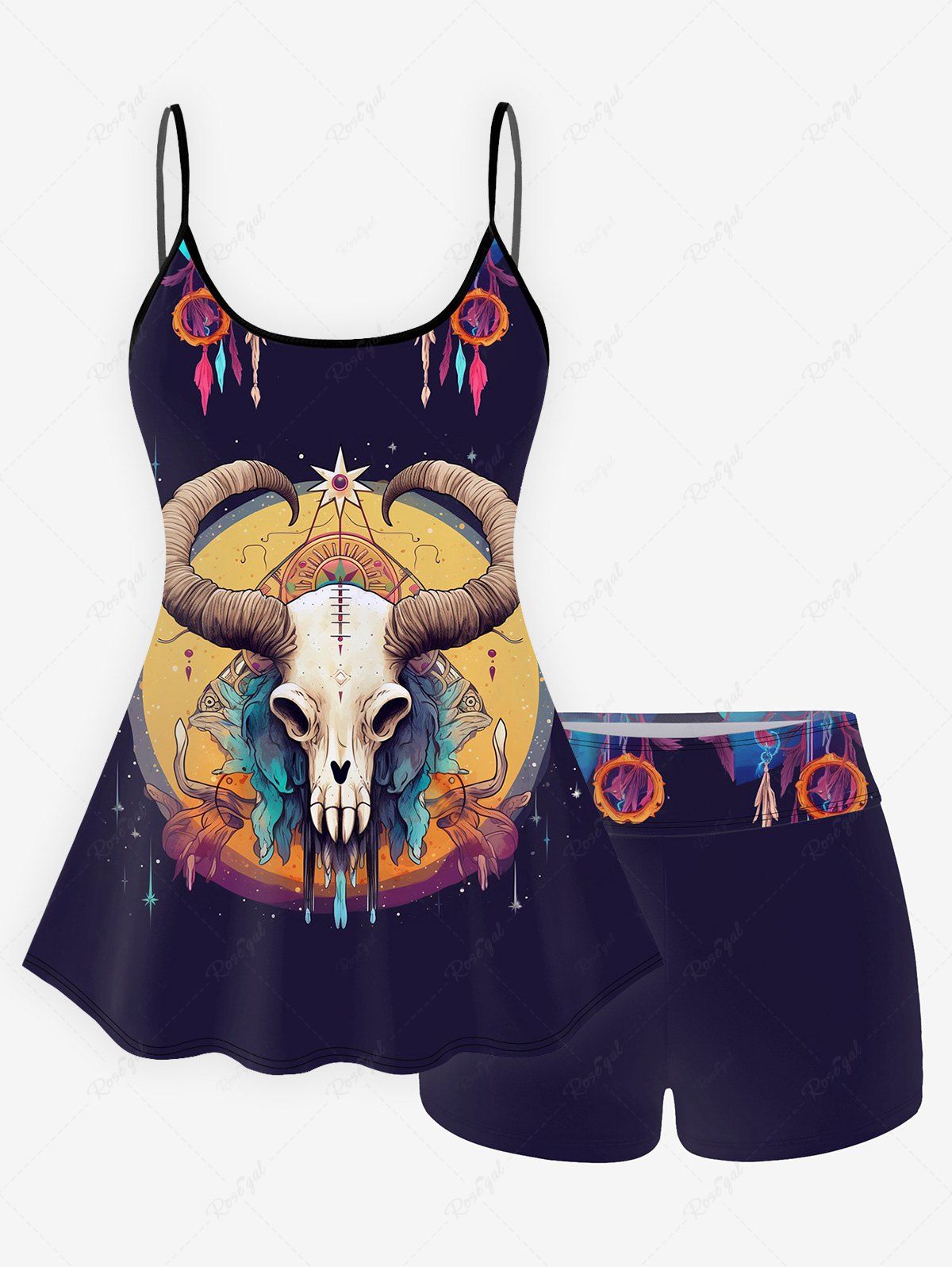 Trendy Gothic Sheep Head Feather Print Boyleg Tankini Swimsuit (Adjustable Shoulder Strap)  