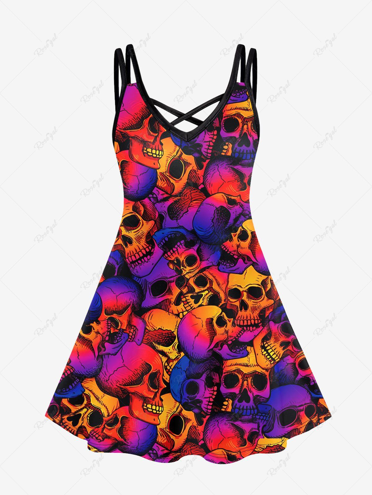 Trendy Gothic Skulls Print Crisscross Cami Dress  