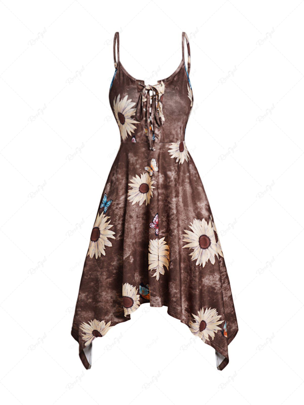 Robe Mi-Longue à Bretelle Fine à Imprimé Tournesol et Papillon à Taille Haute à Lacets à Ourlet Asymétrique café M
