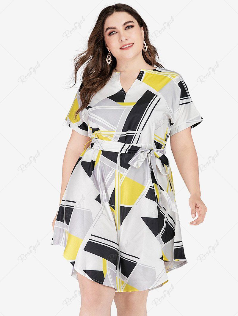 Hot Plus Size Asymmetrical Geometry Printed Tie Shirt Dress  