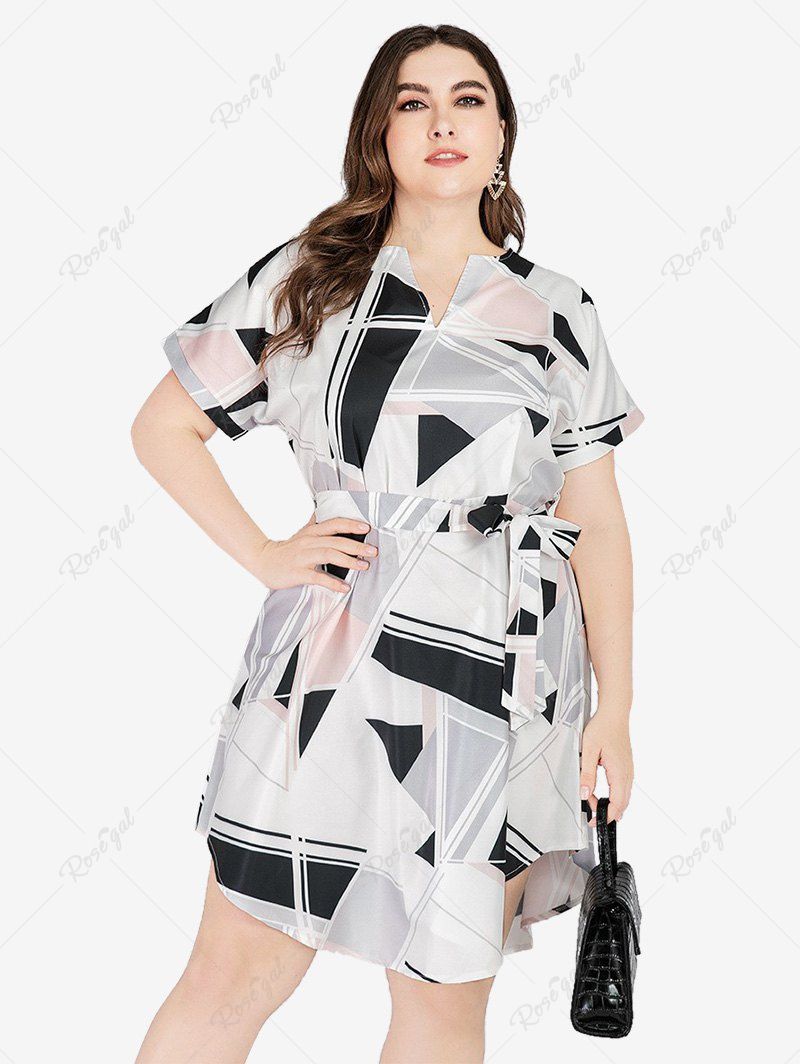 Trendy Plus Size Asymmetrical Geometry Printed Tie Shirt Dress  