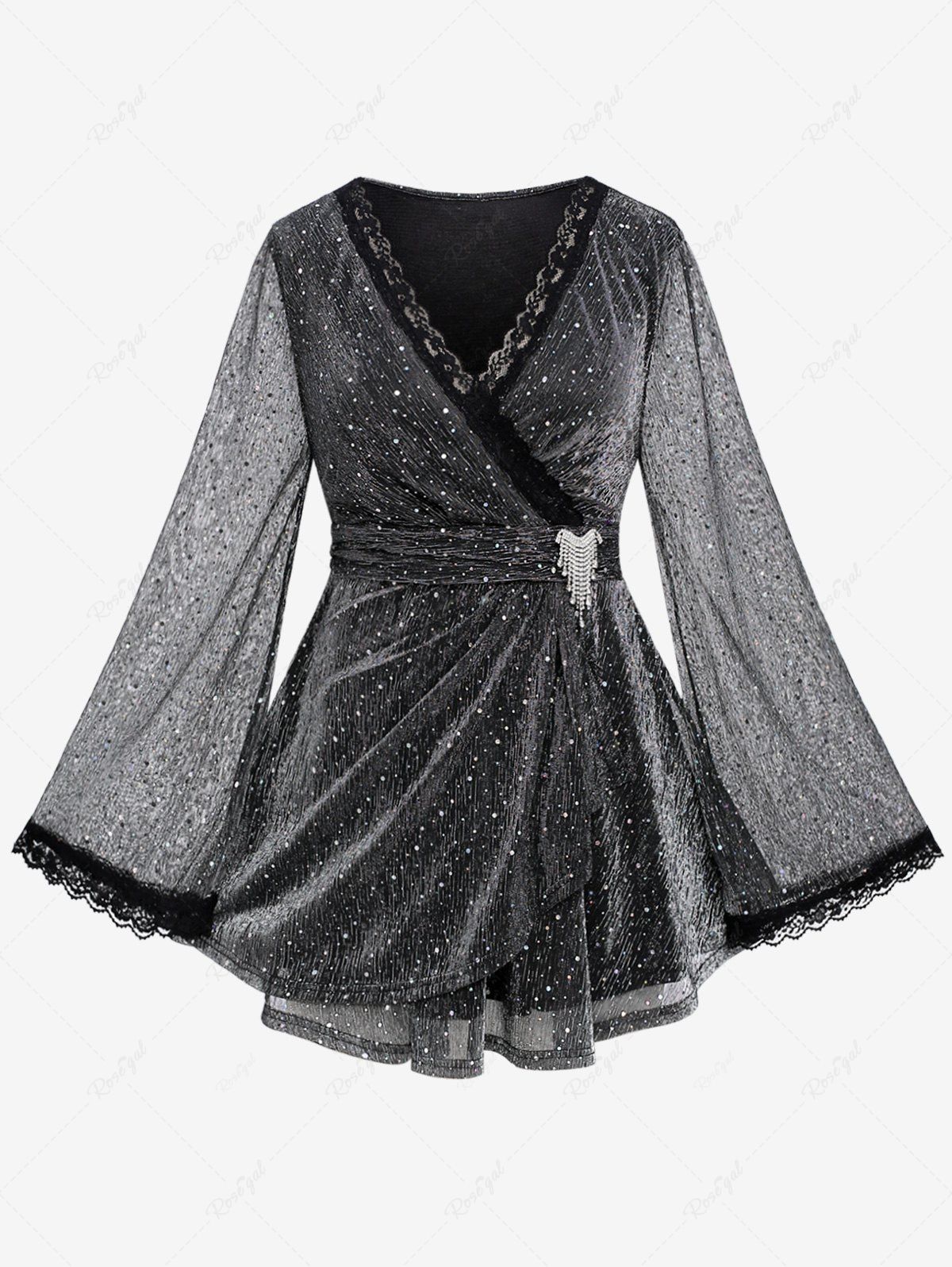 Outfits Plus Size Sparkling Sequin Mesh Lace Trim Faux Crystal Buckle Surplice T-shirt  