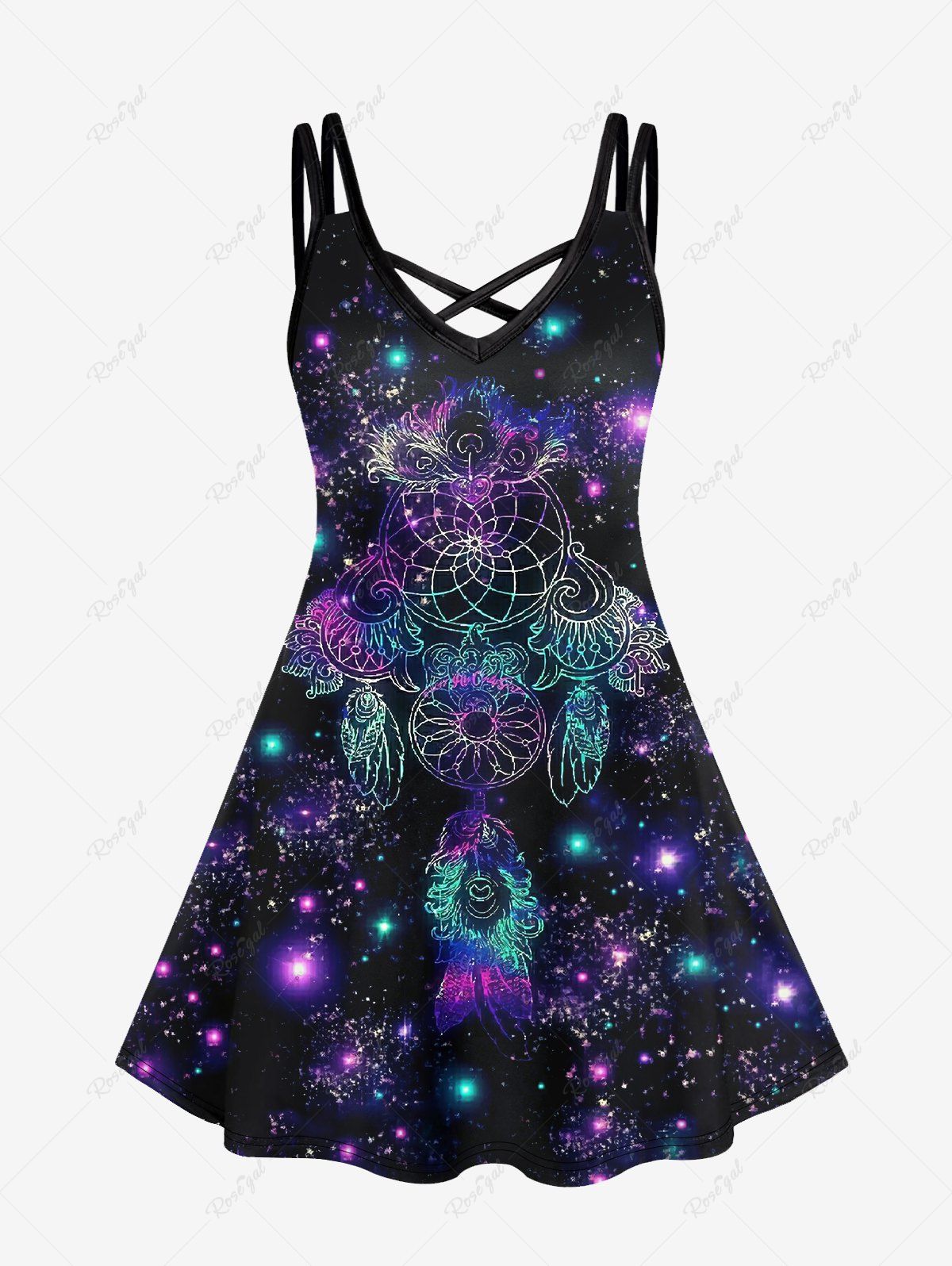 Fashion Plus Size Galaxy Glitter Feather Dreamcatcher Print Crisscross Cami Dress  