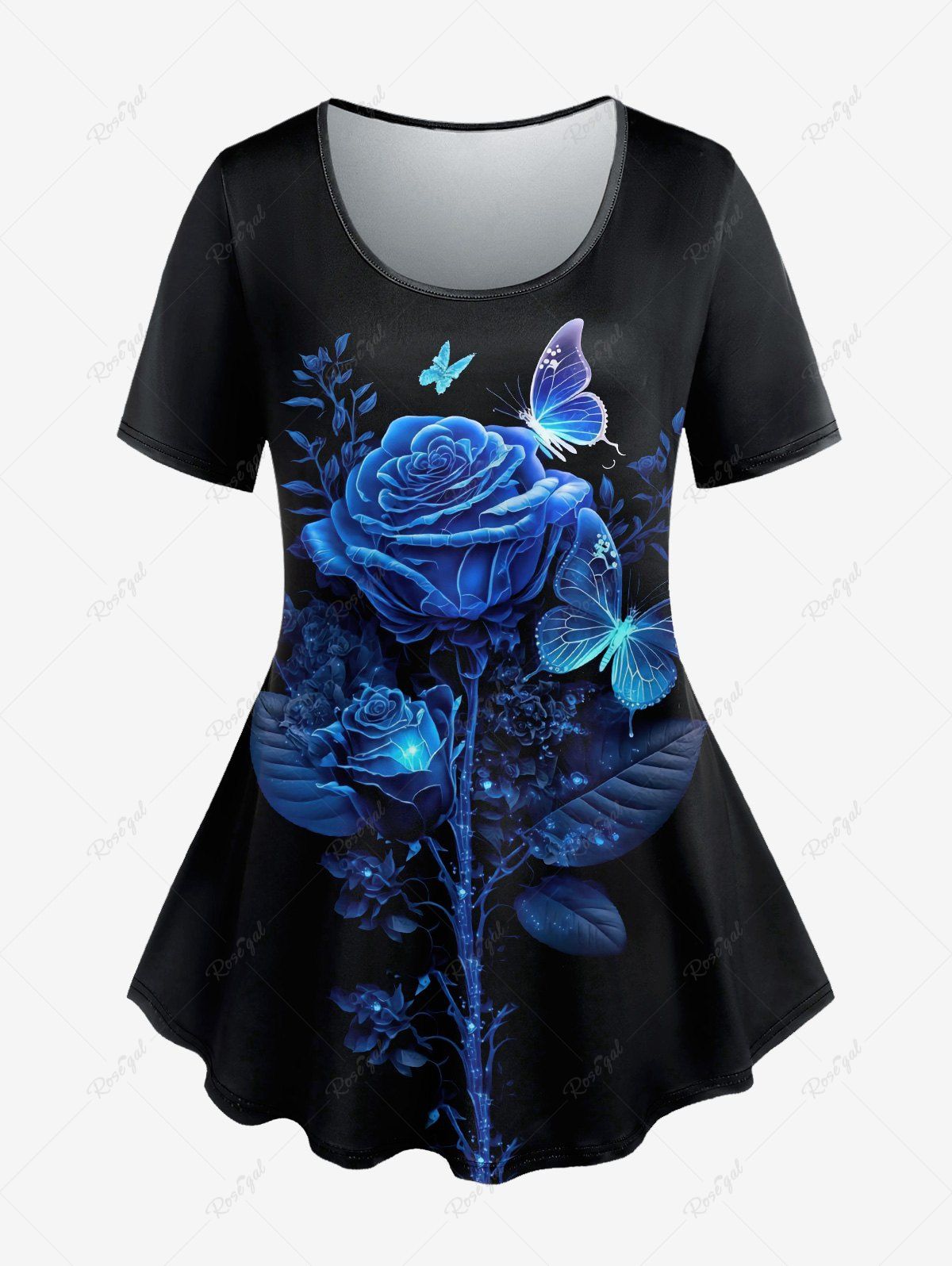 Unique Plus Size Butterfly Flower Print Short Sleeves T-shirt  
