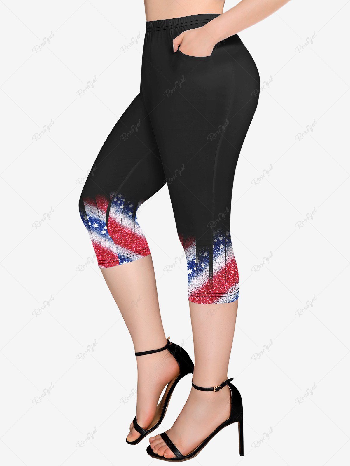 Unique Plus Size Patriotic American Flag Print Pockets Capri Leggings  