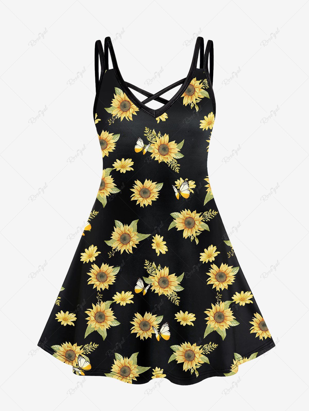 Fashion Plus Size Sunflower Print Crisscross Cami Dress  