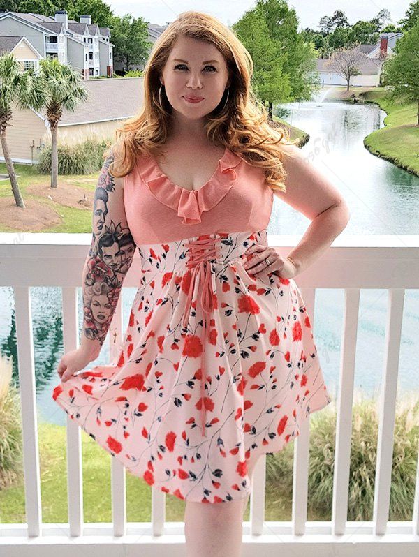 Hot Plus Size Lace Up Ruffled Floral Print Sleeveless Dress  