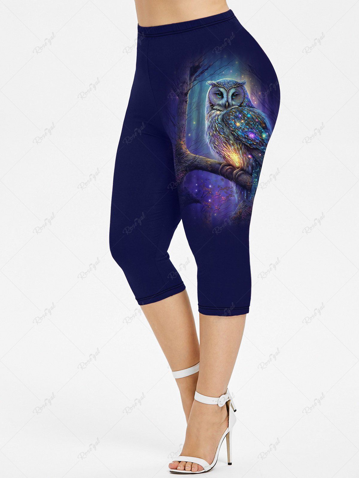 Legging Capri Galaxie Arbre Hibou Imprimés de Grande Taille à Paillettes Bleu profond 3X