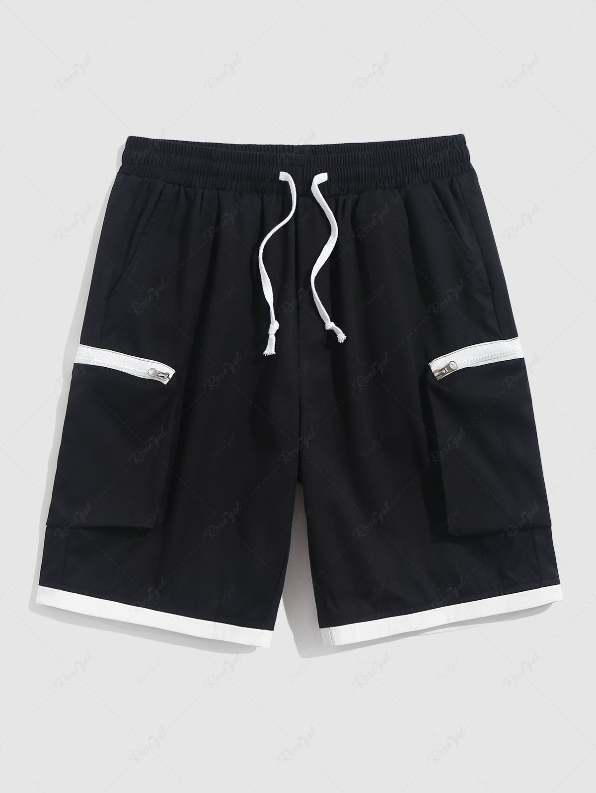 Online Men's Streetwear Zip Pockets Design Color Spliced Knee-length Drawstring Cargo Shorts  