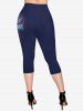 Plus Size Galaxy Cat Glitter Printed T-shirt and Pockets Capri Leggings Outfit -  